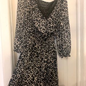 Zara Leopard Print Ruffle V Neck A-line Dress XS